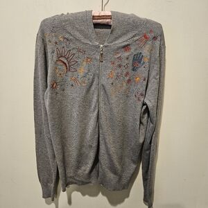 Milano Women's Knit Zip-up Hooded Cardigan, Embroidered, Grey/Multi, Small